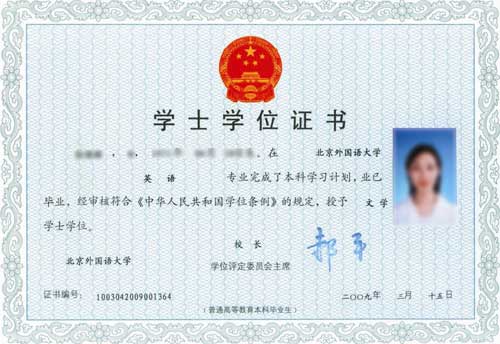 北京外国语大学学位证书样本